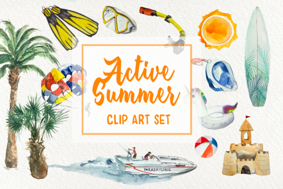 Active Summer Watercolor Clip Arts for Commercial Illustrations