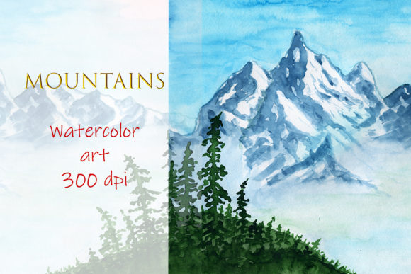 Landscape Mountains Watercolor Lake Illustrations for Creative Projects