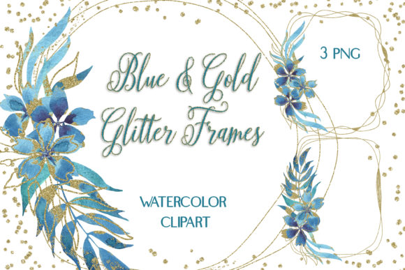 Watercolor Blue Gold Floral Frames for Crafting and Illustrations