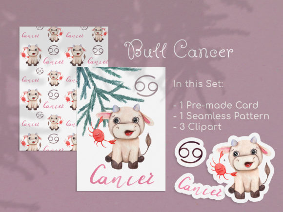 Watercolor Cancer Zodiac Bull Clipart for Creative Design Projects