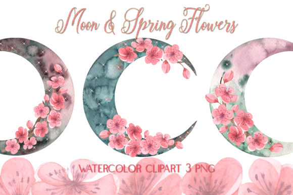 Watercolor Clipart Moon Spring Flowers for Illustrations
