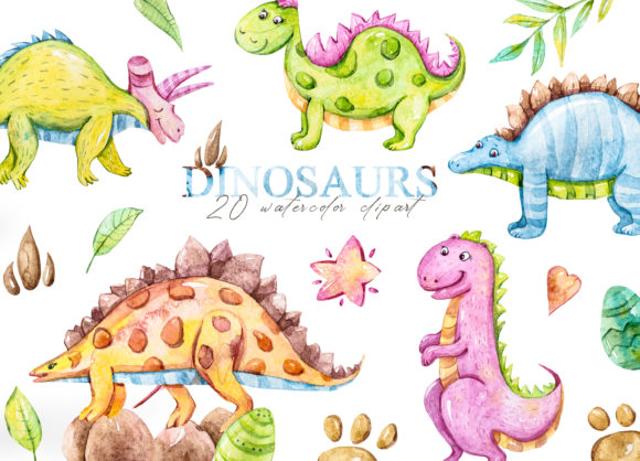 Watercolor Dinosaur Clipart: A Playful Graphic Design Asset for Creative Sellers