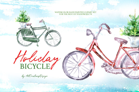 Watercolor Holiday Bicycle Illustrations for Festive Branding