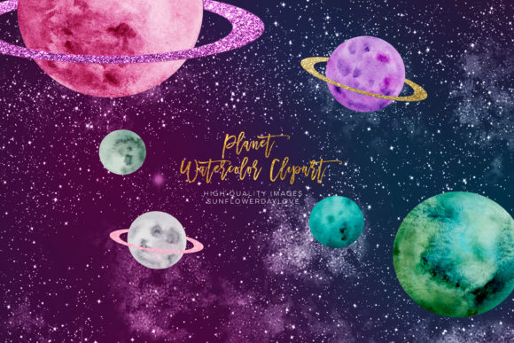 Watercolor Solar System Clipart for Embroidery Projects
