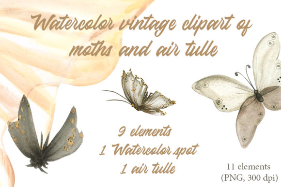 Watercolor Vintage Clipart of Moths and Air Tulle for Illustrations