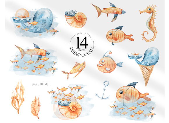 Watercolor Whale and Fish Clipart Set for Creative Illustrations