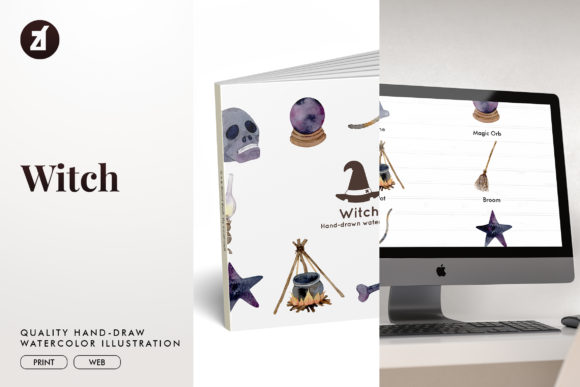 Witch Watercolor Illustration Graphic for Branding & Packaging